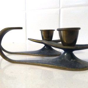 Vintage 1960s Brass and Verdigris Israelian Candle Holders - a Pair